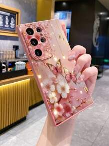1pc Butterfly Floral Pattern Drop-Proof Phone Case Compatible With Apple, /Galaxy, Infinix, Redmi, OPPO, VIVO, Realme Waterproof Shockproof Anti-Fall Scratch Resistant - Pink - View 4