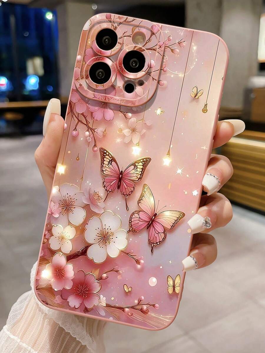 1pc Butterfly Floral Pattern Drop-Proof Phone Case Compatible With Apple, /Galaxy, Infinix, Redmi, OPPO, VIVO, Realme Waterproof Shockproof Anti-Fall Scratch Resistant - Pink - View 1