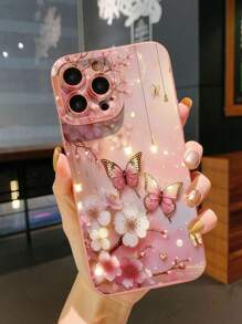 1pc Butterfly Floral Pattern Drop-Proof Phone Case Compatible With Apple, /Galaxy, Infinix, Redmi, OPPO, VIVO, Realme Waterproof Shockproof Anti-Fall Scratch Resistant - Pink - View 2