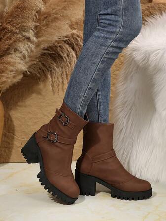 Women's Short Shaft Boots, Thick Heels, Solid Color High Heel Fashion Riding Boots For Women