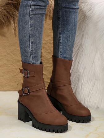 Kvinnors stövlar med kort skaft, tjocka klackar, enfärgad högklackat mode ridstövlar för kvinnor