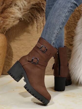 女士短筒靴，粗跟，纯色高跟时尚马靴