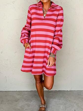 Casual Contrast Stripe Dress, Spring & Autumn