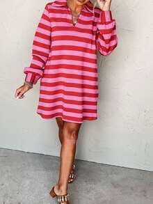 Women's Christmas Turndown Collar Lantern Sleeve Striped Pocket Loose Casual Short Dress - Red - View 5