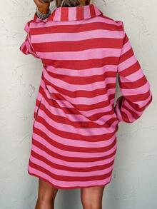 Women's Christmas Turndown Collar Lantern Sleeve Striped Pocket Loose Casual Short Dress - Red - View 4