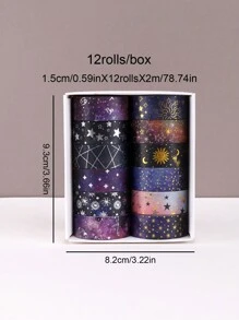 12/6rolls/Box Galactic Splendor Star Washi Tape,Scrapbook Supplies Tape Dispenser Washi Tape,Starry Sky Bronzing Washi Tape Set With Dream Planet Design(0.59*78.74in) Back To School