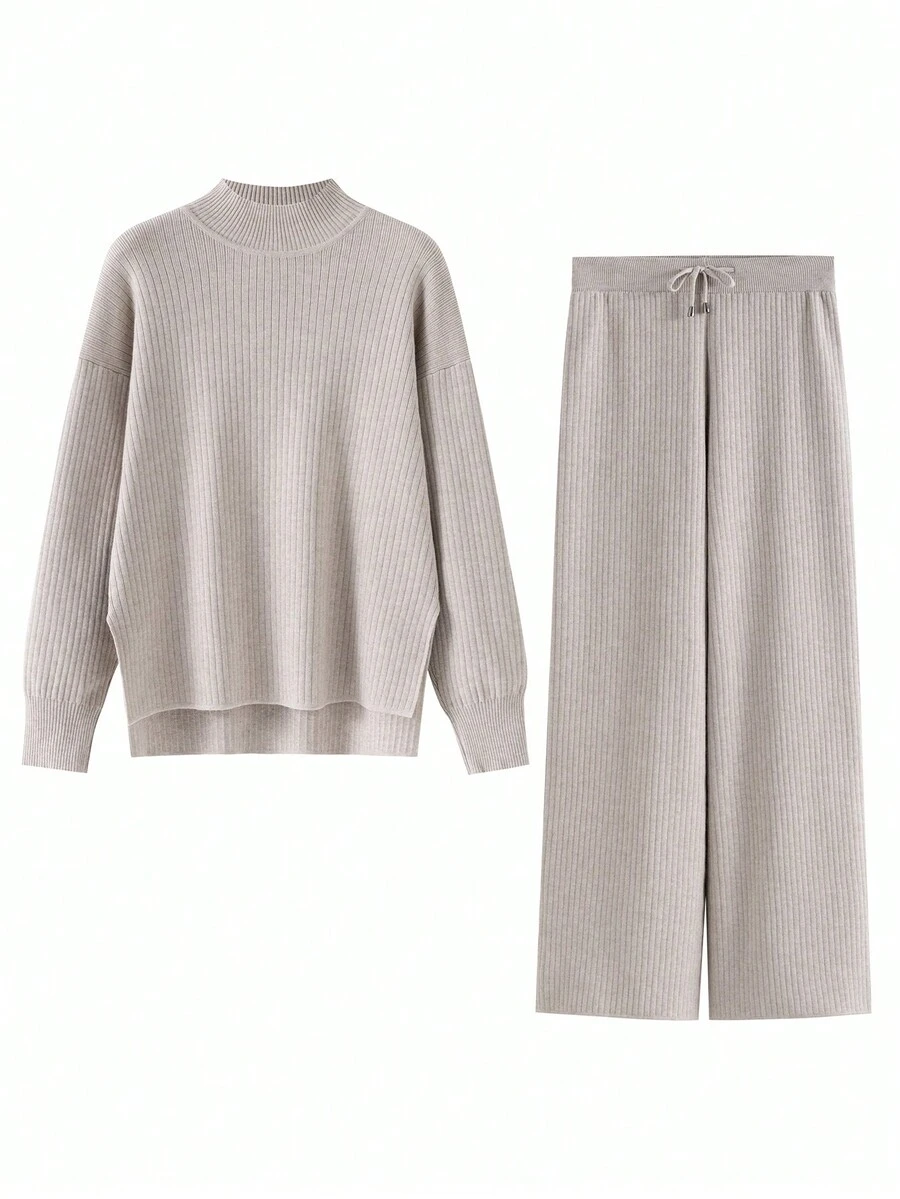 Autumn Winter Two Pieces Women Rib Sweater Tracksuit Knit Warm Pants Set - Khaki - View 1