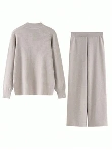 Autumn Winter Two Pieces Women Rib Sweater Tracksuit Knit Warm Pants Set - Khaki - View 2