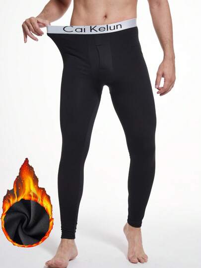 CXYIN 1pc Men's Black Fleece Lined Thermal Leggings, Comfortable, Non-Deforming, Warm Insulated Pants For Men, Autumn/Winter