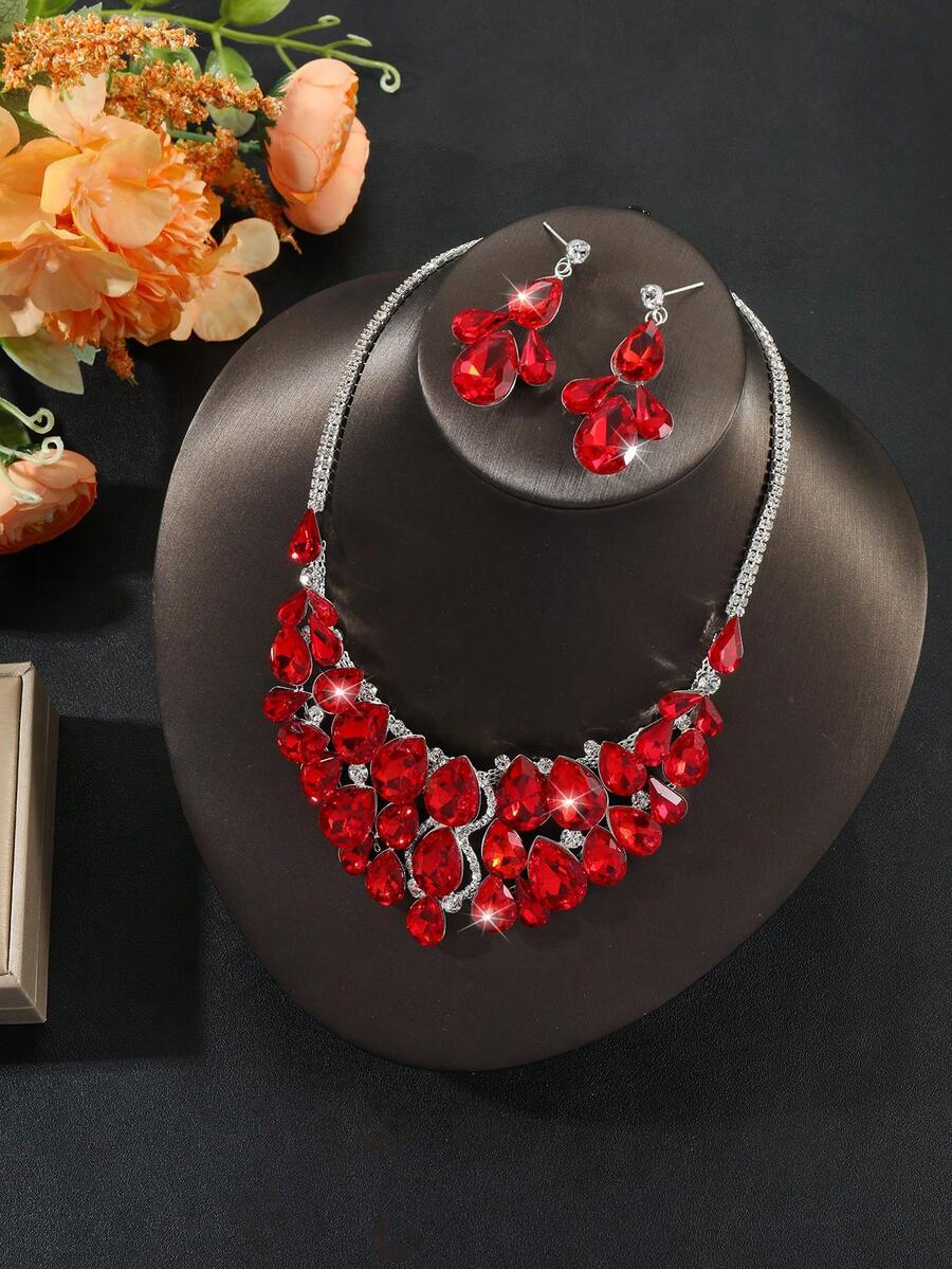 3 件套新娘首饰套装，水钻彩色水晶吊坠项链，复古设计颈链和极简主义耳环，适合婚礼、约会、派对、礼物 - 紅色 - 查看 1