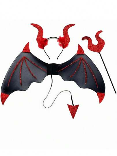 3 Peças Conjunto de Acessórios de Diabo para Halloween: Asas, Chifres e Garfo do Diabo para Festa de Fantasia, Baile