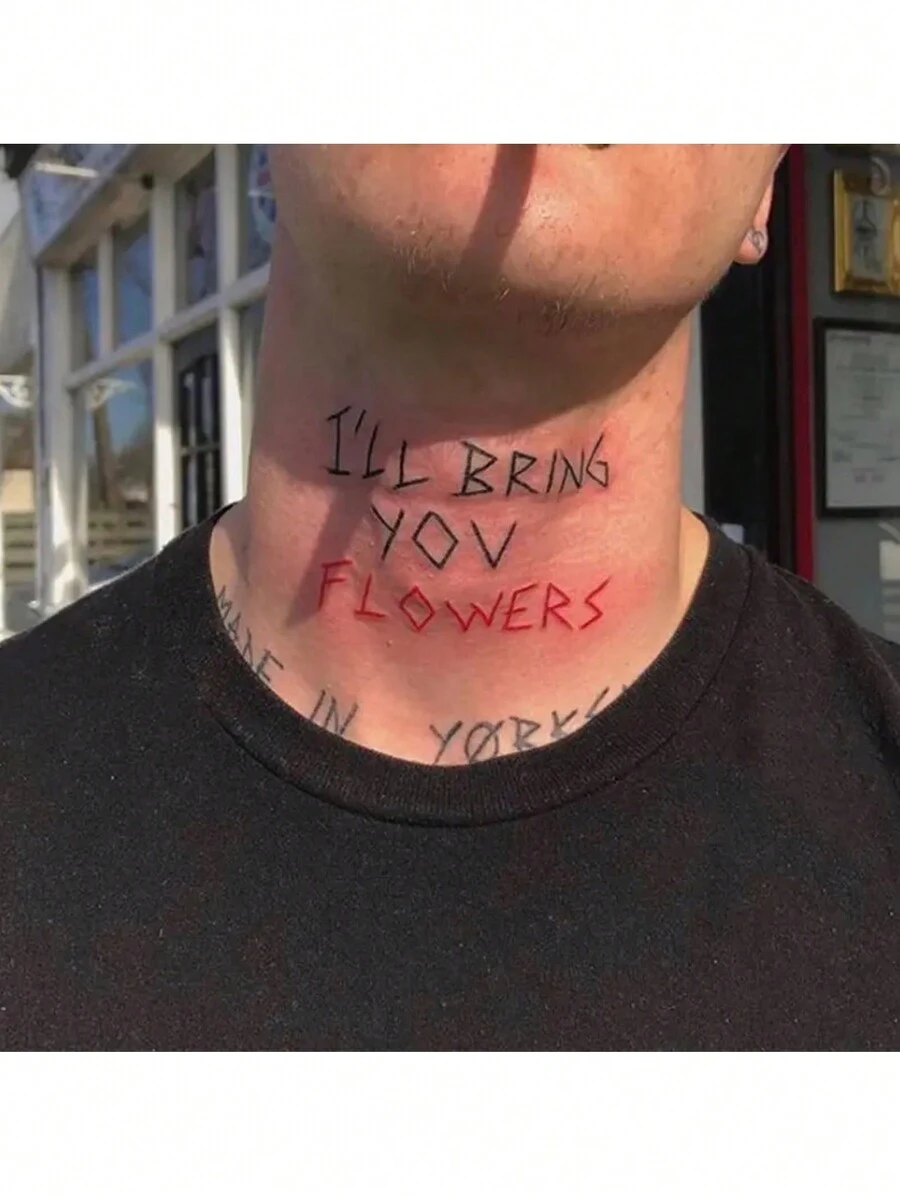 防水“我会给你送花”临时颈部纹身贴纸 - 持久逼真的设计 - 彩色 - 查看 1