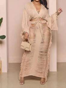 Women's 2 Piece Tassels Outfits Long Sleeve Tops And Fringe Hollowed Out Long Skirt - Màu Khaki - Xem 1