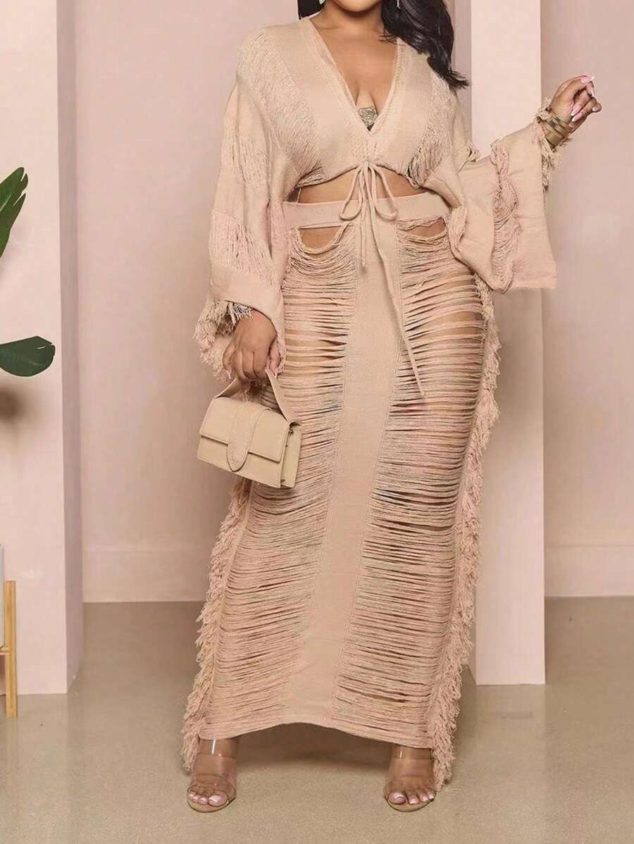 Women's 2 Piece Tassels Outfits Long Sleeve Tops And Fringe Hollowed Out Long Skirt - Màu Khaki - Xem 1