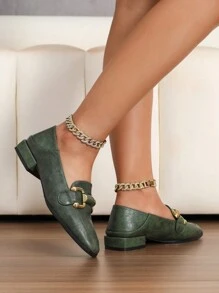 女士方头平底乐福鞋，复古风格，休闲穆勒鞋，粗跟，学院风 - 墨綠色 - 查看 2
