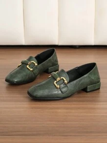 女士方头平底乐福鞋，复古风格，休闲穆勒鞋，粗跟，学院风 - 墨綠色 - 查看 4