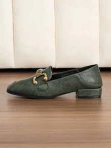 女士方头平底乐福鞋，复古风格，休闲穆勒鞋，粗跟，学院风 - 墨綠色 - 查看 5