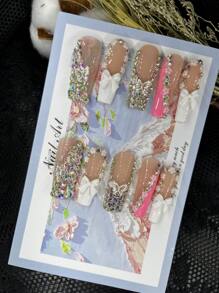 10Pcs Extra Long Handemade Press On Nails For Party And Daily Wear, 3D Rhinestones,Butterflies For Girls,Easy To Wear10Pcs Y2K Extra Long Handmade Press On Nails,Shiny Artificial Gems,Spring And Summer Style,Suitable For Girls And Women Festivals Parties And Daily Wear Nail Supplies Nails - Baby Pink - View 14