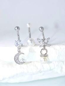 3 件/套蝴蝶珍珠肚脐穿孔环套装，女士银水晶肚脐环，适合日常生活、派对、舞蹈、比赛 - 彩色 - 查看 11