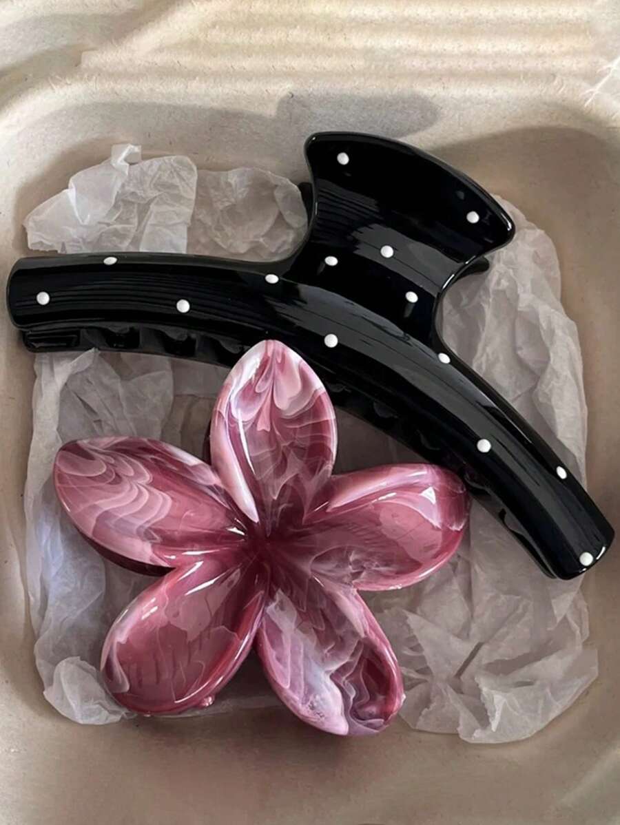 2个亮红色花朵波点发夹，优雅简约的塑料发饰夹，适合日常、休闲、派对、工作、旅行等场合，花朵爪夹情人节发夹发卡，发夹发饰，发卡，发夹，发饰抓夹，学生用品，大学秋冬季爪夹发饰，女士度假装扮，情人节礼物，夏季海滩度假必备 - 彩色 - 查看 1