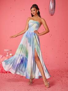 Smilprince Elegant Strapless Gradient Pleated Long Dress With High Slit, Dress Elegant Party, Prom Dresses For Women, Formal Evening Gown, For Wedding Guest, Graduation, Dinner - Multicolor - View 6