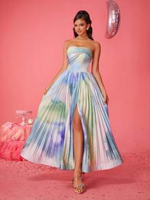 Smilprince Elegant Strapless Gradient Pleated Long Dress With High Slit, Dress Elegant Party, Prom Dresses For Women, Formal Evening Gown, For Wedding Guest, Graduation, Dinner - Multicolor - View 5