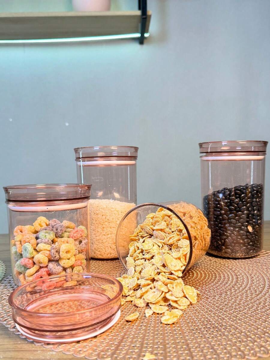 Round Airtight Storage Jar Set - 4 Pieces With 2 X 1200ML Jars And 2 X 800ML Jars, Efficient Sealing, Transparency And Compact Design - Khói hoa hồng - Xem 1