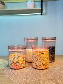 Round Airtight Storage Jar Set - 4 Pieces With 2 X 1200ML Jars And 2 X 800ML Jars, Efficient Sealing, Transparency And Compact Design - Khói hoa hồng - Xem 2