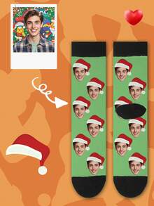 1 Pair Customized Face Print Crew Socks, Couples Socks, Personalized Photo Printing, Funny Couple Socks, Comfortable & Breathable, Creative Cartoon Design, Perfect For Holiday, Birthday, Valentine's Day Gifts, Amusing, Personalized Anime, Multi-Color Socks, Valentine's Day/Father's Day Gift, Amusing, Personalized Anime, Multi-Color Long Socks, Gymboy - Multicolor - View 2