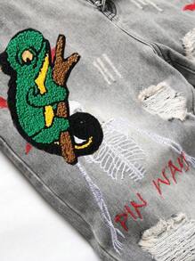 Men Ripped Letter Embroidered Fashionable Casual Jeans - Grey - View 4