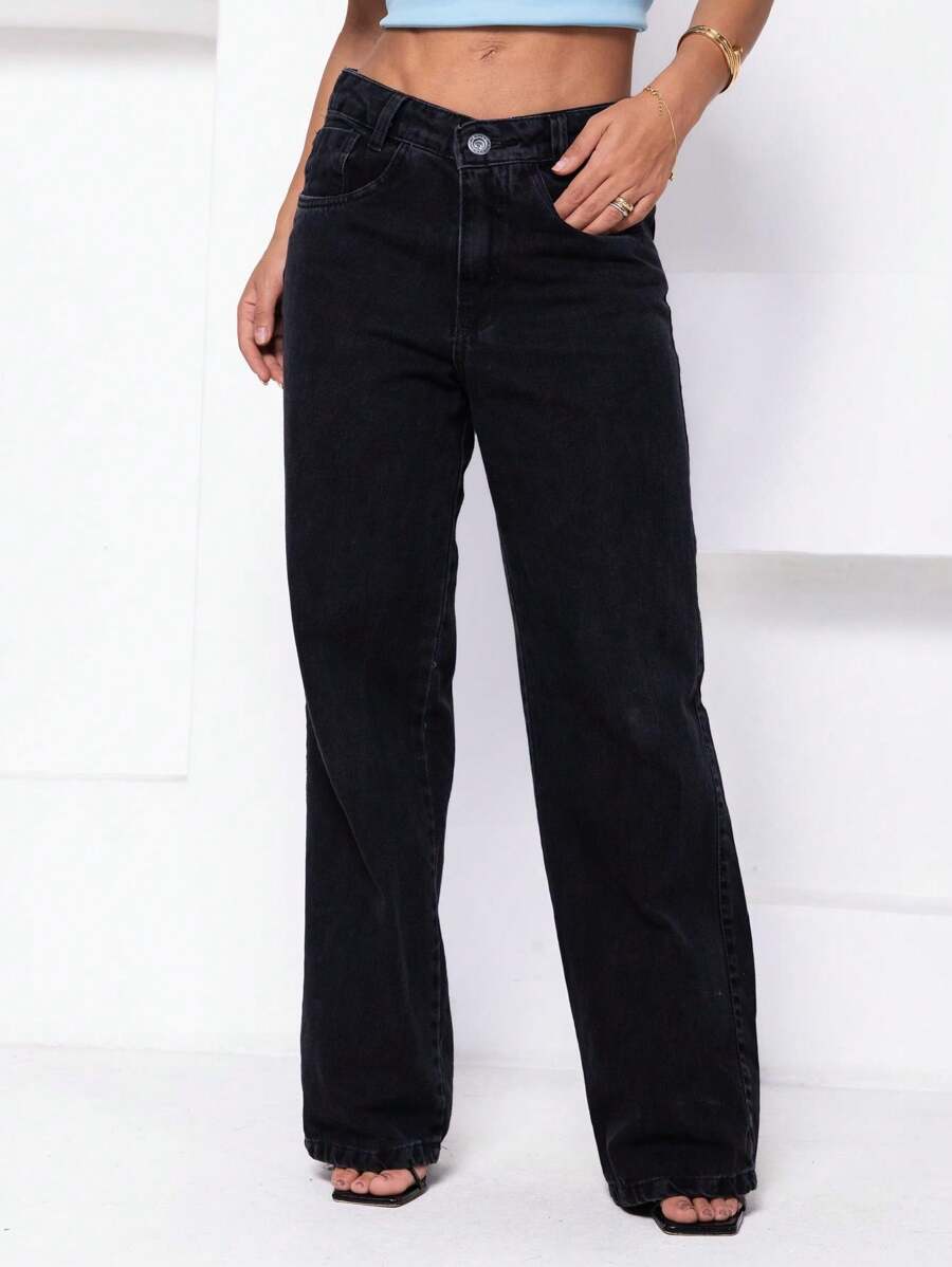 Wide Leg Jeans Plain Traditional Black Graphite - 淺灰色 - 查看 1