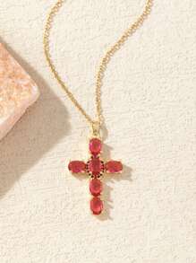 1pc Stainless Steel 18K Plated Cross Pendant Necklace With Colorful Crystals, Fashionable & Exquisite, Suitable For Party, Date, Office Wear - Yellow Gold - View 10
