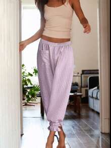 Women Fashionable Plaid Drawstring Pants - Pink - View 1