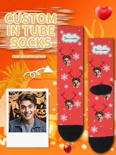 Face Socks 1 Pair Christmas Customized Face Printed Mid-Calf Socks, Couple Socks, Personalized With Photo, Funny Couple Socks, Comfortable And Breathable, Creative Cartoon Design, Perfect For Holidays, Birthdays, Valentine's Day Gifts, Funny, Crazy, Anime, Multicolor, Father Christmas Valentine's Father Christmasay Gifts, Funny, Crazy, Anime, Multicolor Long Socks, Dawg, Personalized, Ideal Gifts For Him, Ideal Gifts For Her, Boyfriend, Girlfriend, Family, Friends, Grandparents