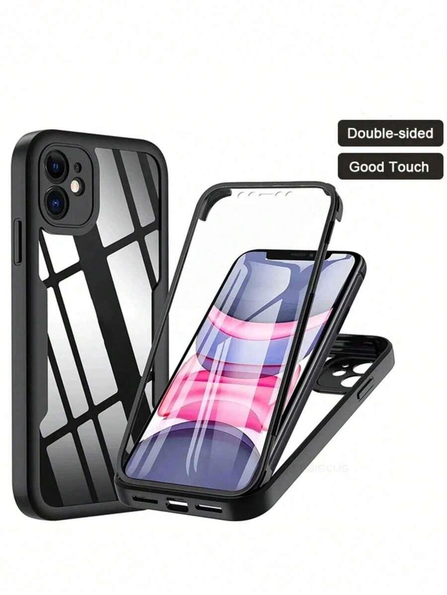 1pc 360° Full Body Protective Case, Compatible With IPhone 17 Air 16 15 14 13 12 11 Pro Max Plus X Xs Xr, One-Piece Screen And Back Cover, Transparent Dual-Side Protection - Black - View 1