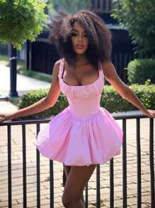 Women's Summer Solid Color Ruched Hem Elegant Spaghetti Strap Short Dress - Pink - View 2
