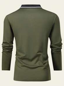 Men's Turndown Collar And Classic Horse Print Long Sleeve Polo Shirt, Casual Daily Outdoor Lightweight Business Wear, For Golf, Fall - Olive Green - View 2