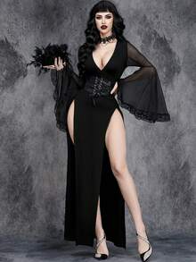 Women Gothic Sexy V-Neck High Slit Halloween Witch Sleeve Lace Lace Patchwork With Party Ghost Bridal Dress, Black Long Sleeve Formal Evening Prom Dress, For Wedding Guest, Graduation, Dinner,Gown, For Valentine's Day - Black - View 4