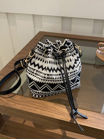 New Mini Chinese Style Fabric Shoulder Bag, Calligraphy Shoulder Bag, Retro Printed Bucket Bag For Women, Casual Fashion Ladies Handbag, Spring Tote Bag