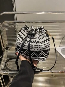 新款迷你中国风布艺单肩包，书法单肩包，复古印花水桶包，女士休闲时尚手提包，春季托特包 - 黑色 - 查看 11