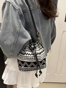 新款迷你中国风布艺单肩包，书法单肩包，复古印花水桶包，女士休闲时尚手提包，春季托特包 - 黑色 - 查看 8