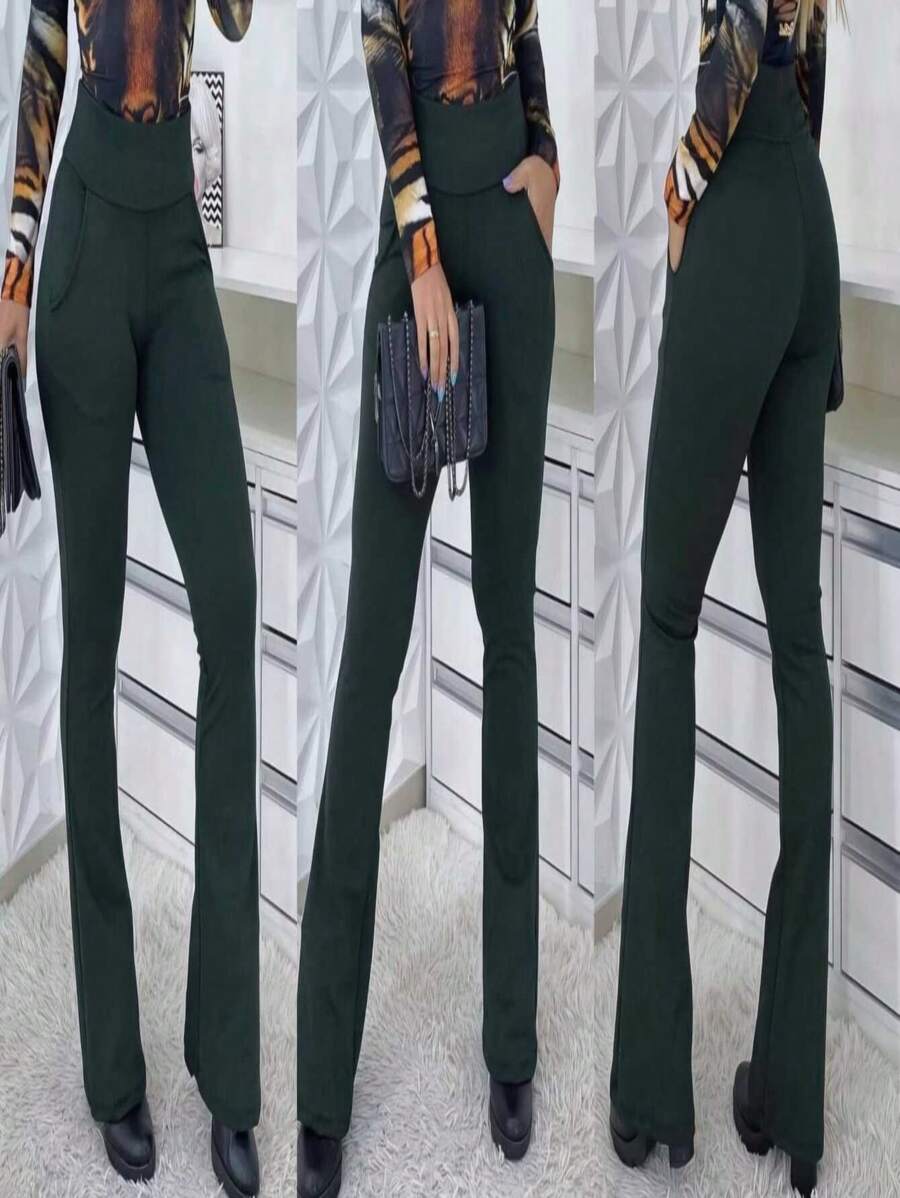WOMEN'S FLARE PANTS WITH KNIFE POCKET - Verde militar - Ver 1