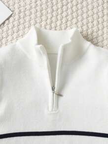 Young Boy Collared Striped Half-Zip Pullover Sweater For School, Autumn & Winter