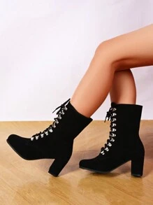 Giày bốt cổ cao màu trơn buộc dây thời trang thoải mái cho nữ mùa thu/đông - màu đen - Xem 4