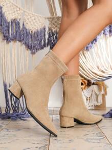 Pointed Toe Fashion Sexy Apricot Suede Versatile Back Zipper Women's Chunky Heel Ankle Boots