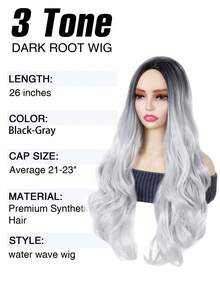 Lange gewellte synthetische Perücke 66 cm Farbverlauf Silber-Grau Perücken für Frauen mit Mittelscheitel, mit schwarzen Wurzeln, natürlich aussehend, hitzebeständig für Alltag, Party, Halloween, Cosplay, Weihnachten, Feiern usw.