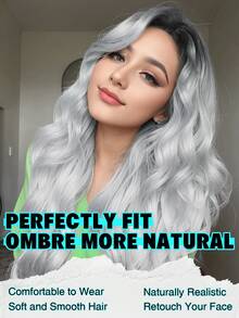 Lange gewellte synthetische Perücke 66 cm Farbverlauf Silber-Grau Perücken für Frauen mit Mittelscheitel, mit schwarzen Wurzeln, natürlich aussehend, hitzebeständig für Alltag, Party, Halloween, Cosplay, Weihnachten, Feiern usw.