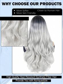 Lange gewellte synthetische Perücke 66 cm Farbverlauf Silber-Grau Perücken für Frauen mit Mittelscheitel, mit schwarzen Wurzeln, natürlich aussehend, hitzebeständig für Alltag, Party, Halloween, Cosplay, Weihnachten, Feiern usw.