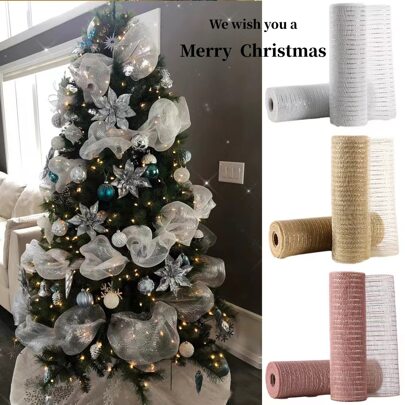 1 件 - 26 厘米鱼网丝带圣诞树装饰，欧式风格，圣诞节