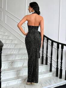 QOQ Vestido largo elegante de mujer con cuello halter y pedrería, vestido de noche formal para primavera y verano, para baile de graduación, dama de honor, invitada de boda y fiesta de cóctel, color negro - Negro - Ver 3